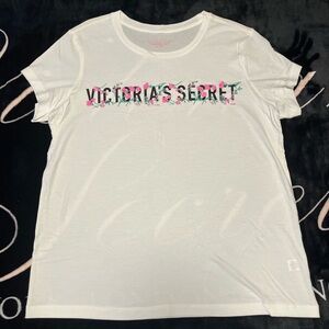 Victoria's Secret White Cotton T-Shirt with Floral Logo Size Large